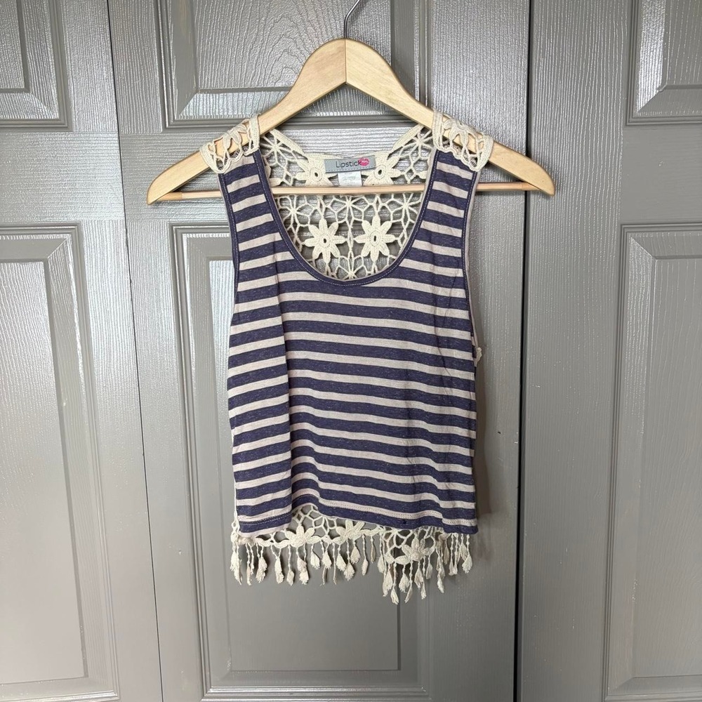Lipstick Y2K Striped Crochet Lace Back Fringe Tank Top Navy White Small